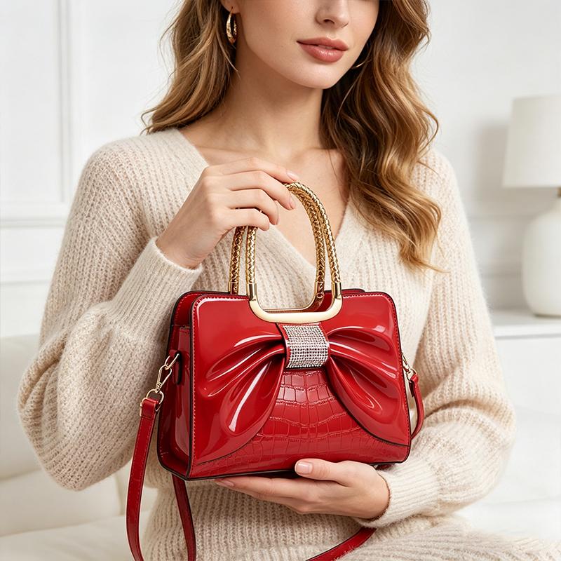 Women’s glossy leather handbag with top handle — medium-structured shoulder/handbag with adjustable strap