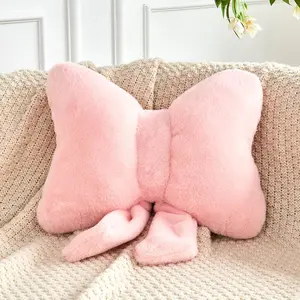 Pink Bow Pillow Soft Bow Decorative Pillows with Faux Rabbit Fur Cute 12" Bow Throw Pillows Aesthetic Home Decor Bow Shaped Plush Pillow for Bedroom Sofa Couch