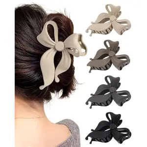 4 Pack Cute Bow Claw Clip for Women, Nonslip Large Matte  Hold Bows Hair Clips for Thin and Thick Hair | Chic Hair Styling Accessories (4.1" Black, Grey, Khaki, Brown)