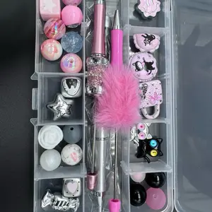 Beadable Pen Kit with Pink Fuzzy Topper and Assorted Beads for Crafting