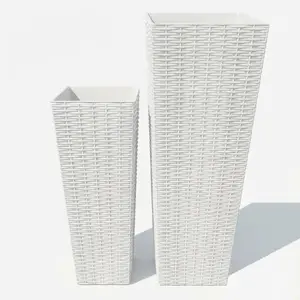 Tall Plastic Planters Set of 2,Large Rattan Tall Planter with 4 Drainage Holes,Indoor/Outdoor Decorative Flower Pots for Patio,Backyard, Home Garden