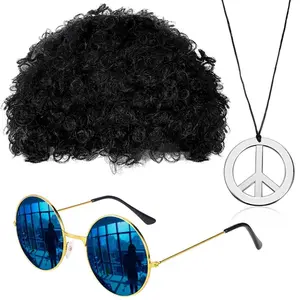 Ultimate Retro Costume Jewelry Set: Afro Wig, Sunglasses & Necklace - Premium 80s Style Accessories for 50s to 70s Themed Parties!