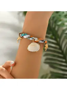 Colorful Rope Clam Shell Bracelet, Ocean Style Alloy Pendant, Handmade Braided Cord Jewelry for Women, Unique Accessory for Daily Wear
