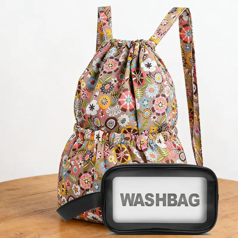 2-piece set comes with a random free accessory; includes a drawstring backpack and clear toiletry bag set, a lightweight, foldable gym bag, and a portable clear makeup bag—perfect for travel, the gym, and swimming
