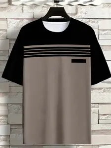 Men's Fashion Colorblock Short Sleeve T-Shirt, Slim Fit Casual Sports Top, Comfortable Breathable Trendy, All over Print