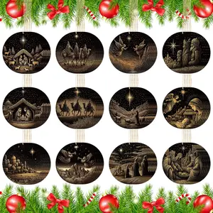 60-Piece Nativity Scene Christmas Tree Ornaments Christian Religious Decorations Bulk Round Nativity Christmas Tree Hanging Wooden Decorations Suitable for Gardens, Courtyards, Outdoor Home Decor (Standard Style)