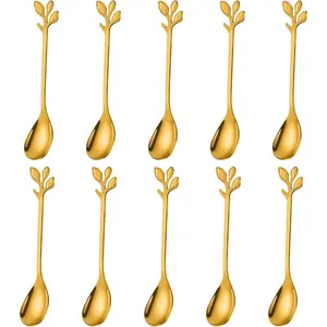 Elegant  Leaf Coffee Spoons - 10-, 4.7" Mini Stainless Steel Espresso & Dessert  Spoons,  for Demitasse & Small Servings