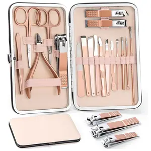 18-Piece Rose Gold Nail Clipper Set, Stainless Steel Manicure Kit, Includes 18 Nail Care & Pedicure Tools, Professional Nippers, Luxury Travel Case