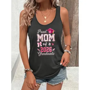 Women's Lightweight Sleeveless Polyester-Rayon-Spandex Graduation Theme Tank Top, Round Neck Casual Clothes for 2026 Graduates, Proud Mothers' Gift, Outdoor Printed Vest