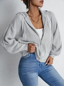 Fashion Casual Cozy Hooded Zipper Knit Cardigan, Textured Pattern, Long Sleeve, Fall & Winter Wear, Everyday Women's Clothing