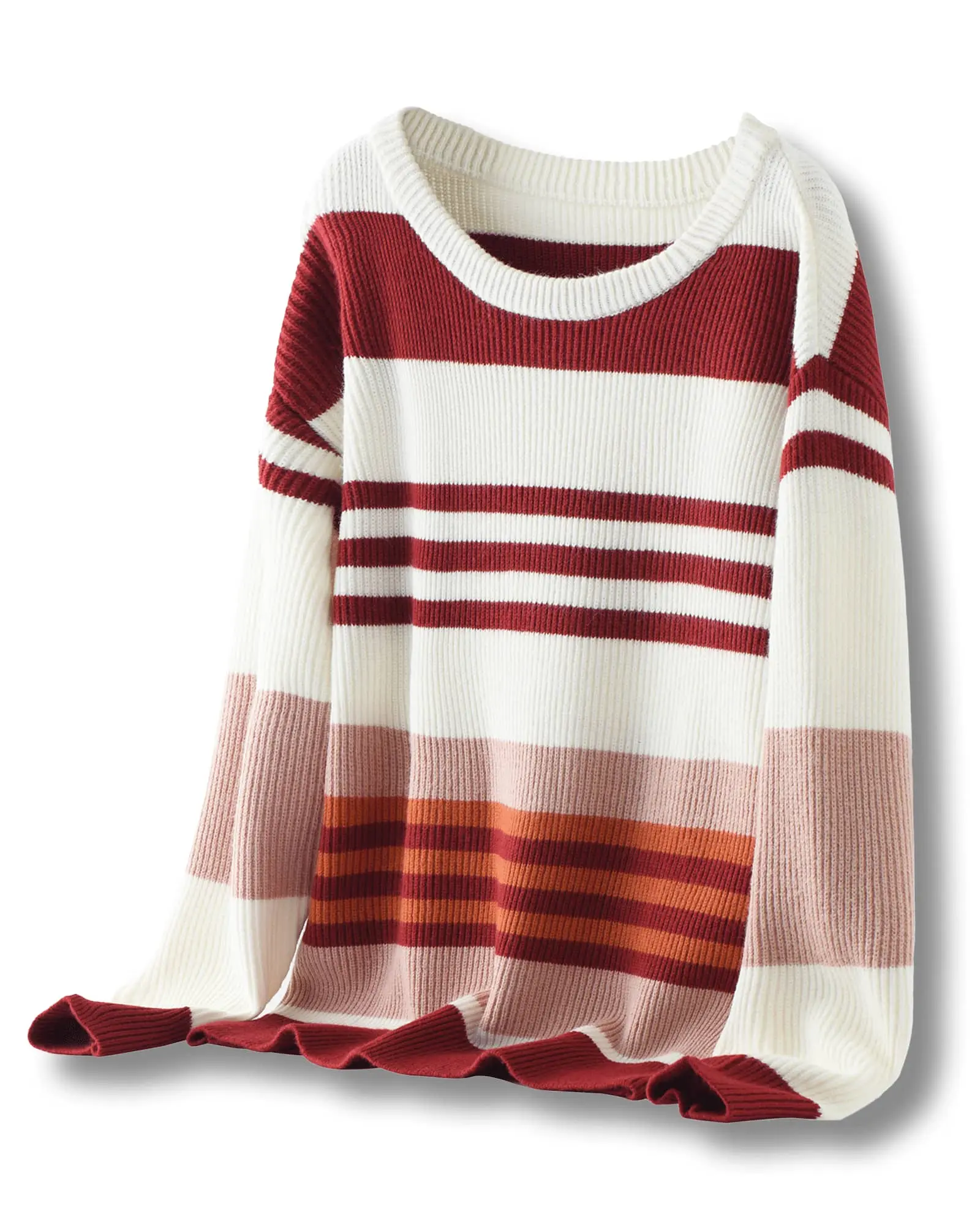 Lady's Ribbed Striped Medium Length Acrylic Knit Pullover Top - Soft Long-Sleeve Round Neck Loose Fit Color Block Casual Fall Winter Jumper for Daily, Work Wear & Layered Looks