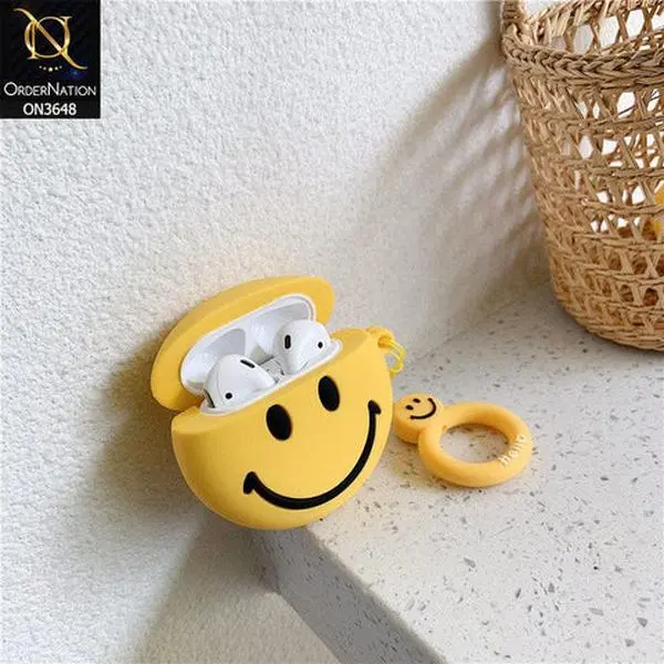 Yellow Smiley Face AirPods Case, Headphone Accessories, Music, Cute Happy, Gifts for Her, Kids, Christmas, Birthday, Father's Mother's Day, Anime, Cover, Protective Cases, Decor