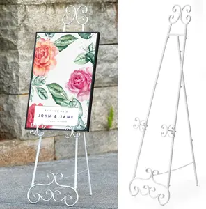 Metal Floor Standing Display Easel, 56" H White Decorative Scroll Easel Stand for Sign Wedding Picture Frame, with Chain Support