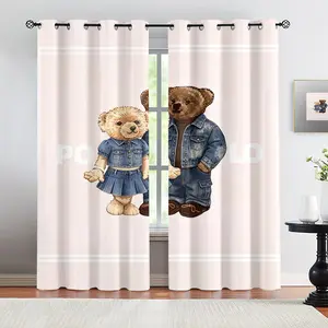 A pair of teddy bear patterns, 2 curtain sets, suitable for living room, balcony, and bedroom windows, perfect for home, seasonal, holiday room decoration