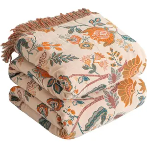 Boho Throw Blanket for Bed 60"x80",  Cotton Woven Blanket for Couch Sofa, Ultra Soft 4-Layer Muslin Quilt with Floral Printed, Farmhou Bed Blanket/Cover for Living Room Decor