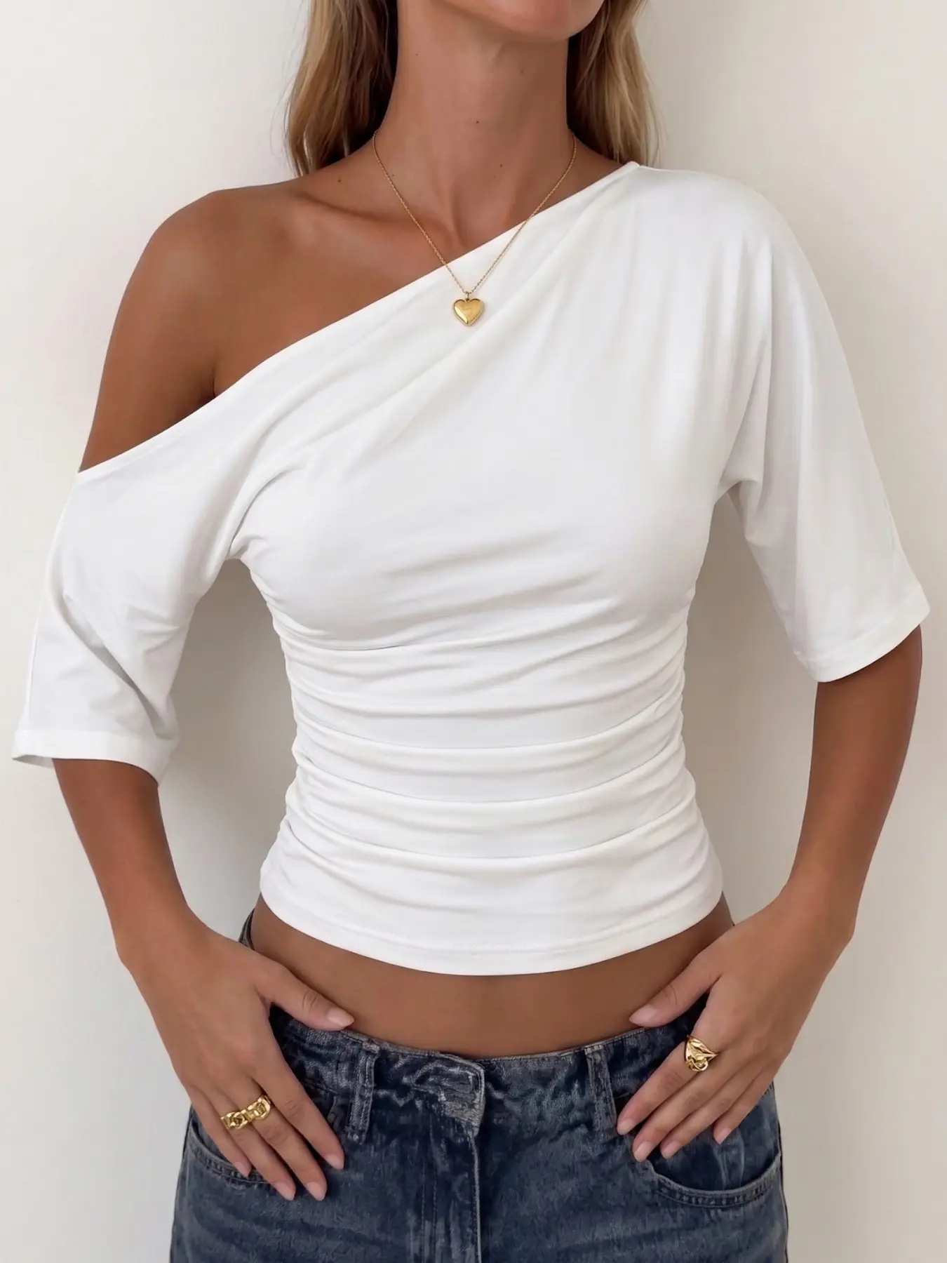 Women One Shoulder Top Asymmetrical Ruched Blouse Slim Fit Elegant Chic Minimalist Basic Stretchy Lightweight Short Sleeve Top White Shirts, Womenswear