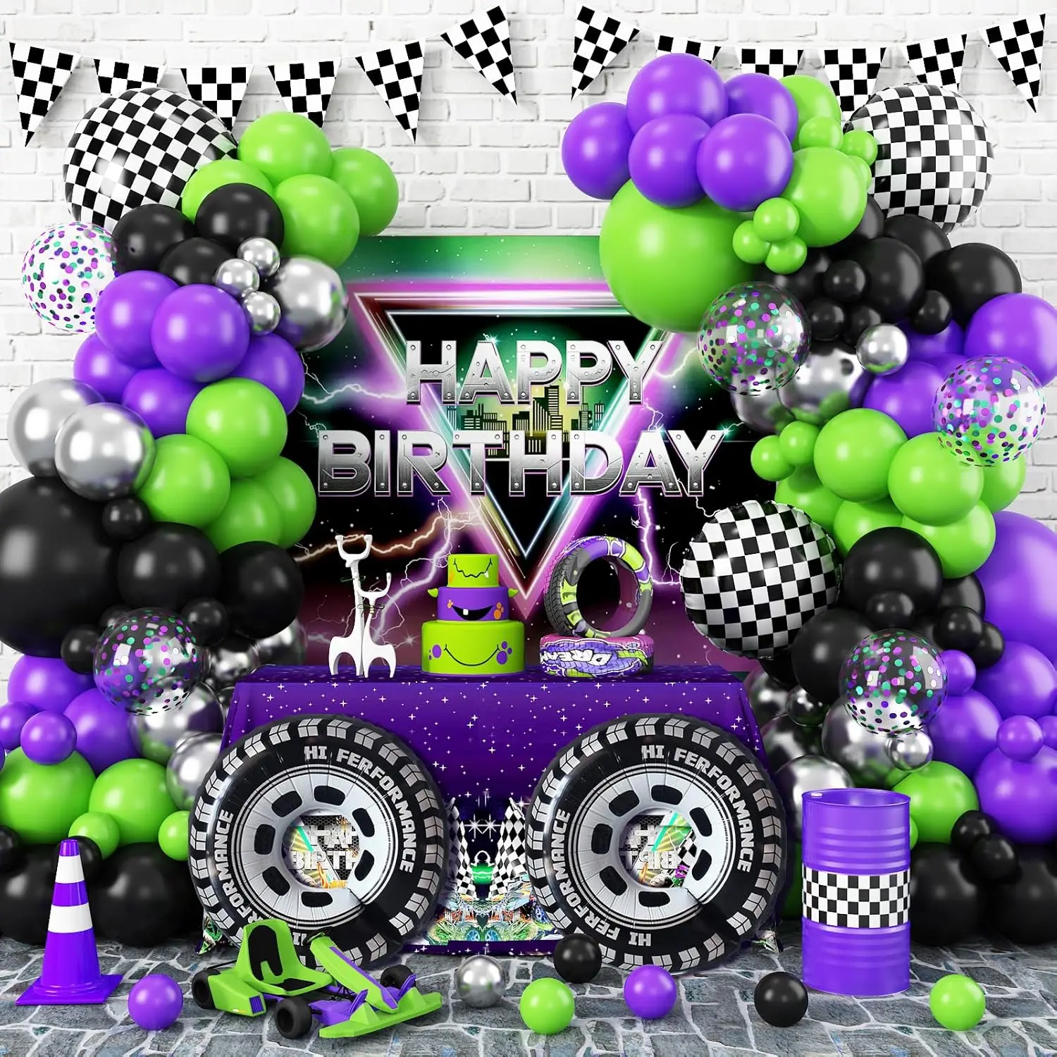 170-Piece Monster Truck Balloon Arch Kit in Purple Black Green Silver with Wheel & Checkered Balloons