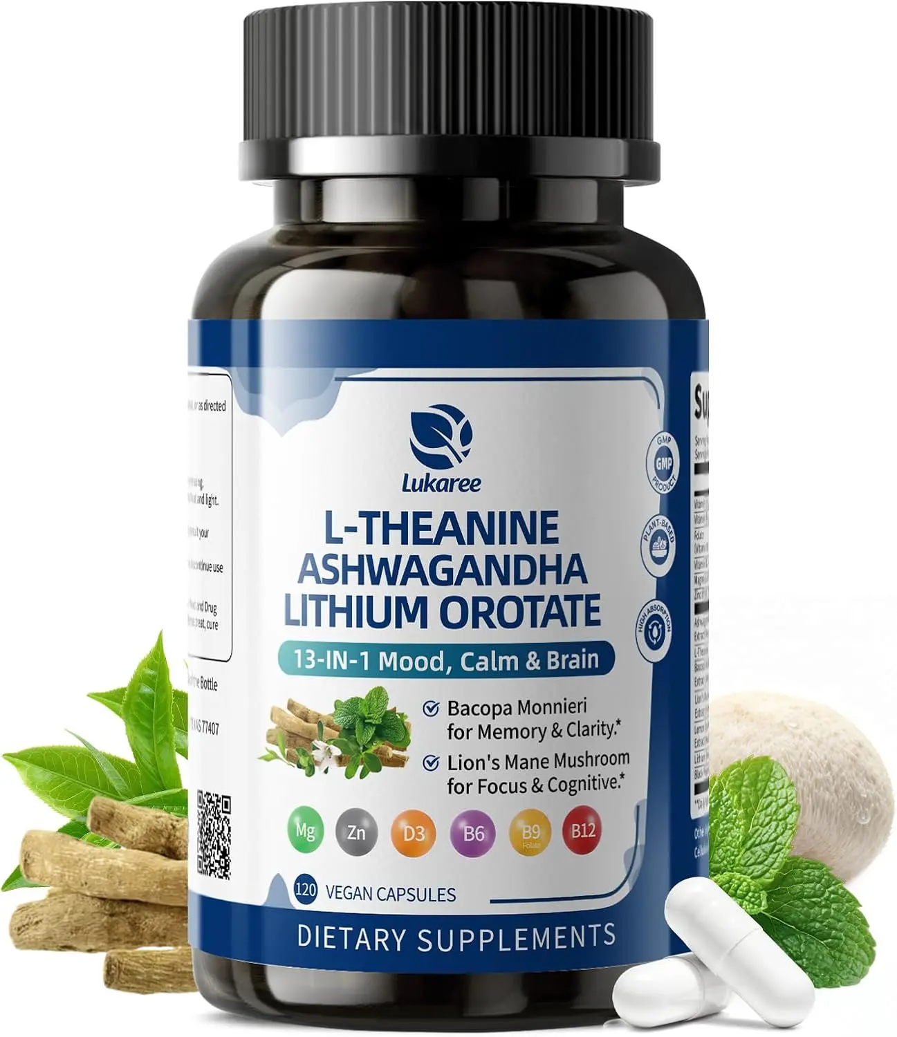 Lithium Orotate 5/10mg, Mood & Brain Supplement, 120 Capsules, 2 Months | 13 in 1 with Ashwagandha, L-Theanine, Bacopa, Lions Mane, Magnesium, Zinc D3 B6 Folate B12 for Calm Focus, Cognitive & Energy