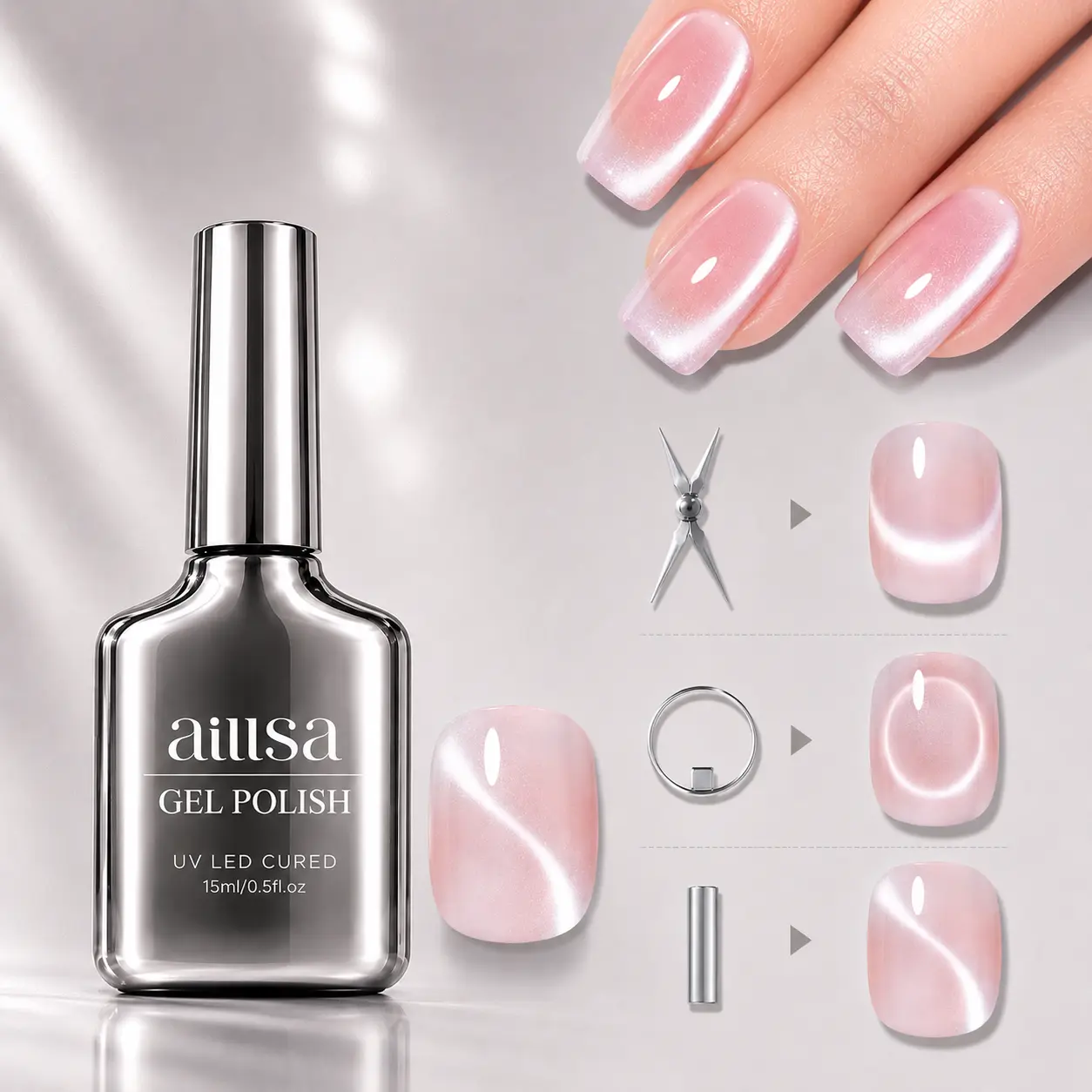 【BUY 2 GET 1 FREE WATER DROP GEL】AILLSA Soft Velvet Cat Eye Gel Polish Set with 3 Magnetic Tools, DIY French Cat Eye & Halo Ring Nail Effects, Shimmer Glitter 15ML Gel Polish Need Lamp Curing Summer Nail Art DIY at Home