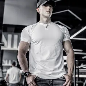 Summer new men's sports and casual running fitness muscle training solid-color simple button stretch short-sleeved T-shirt