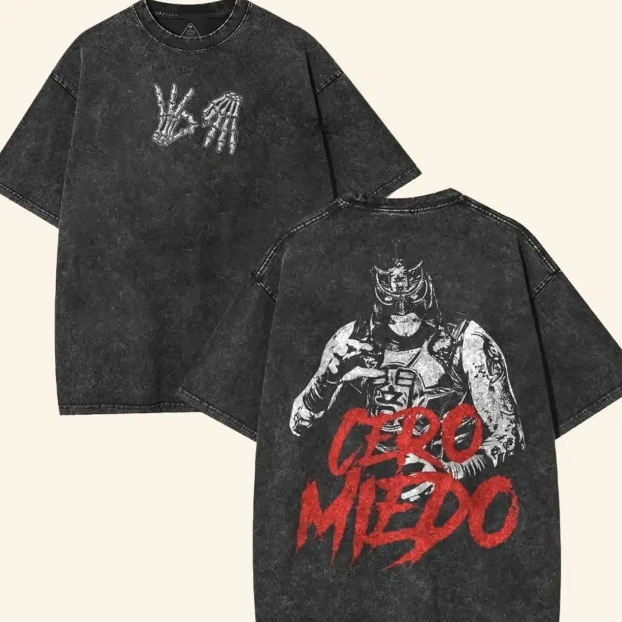 Penta El Zero Miedo Vintage Washed T-Shirt | Wrestling Skeleton Hands Graphic Streetwear Tee | Heavyweight Cotton Oversized Cero Miedo Mask Retro Hip Hop Casual Summer Top Gift for Men WWE wash unisex classic fan Fabric Menswear shirt wwe fan 3Q0