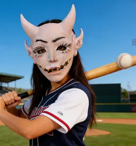 Adult pink female devil latex mask! Terrifying yet adorable design, featuring sharp teeth and pink horns. Soft and breathable natural latex. Very suitable for Halloween cosplay, TikTok horror movies, fairy tale themed parties, and horror photo shoots