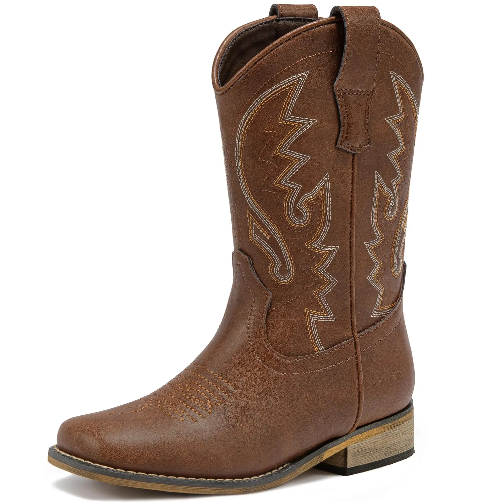 Boys Cowboy Boots Western Square Toe Boots, Pull-On Mid Calf Embroidered Boots for Toddler Little Big Kid