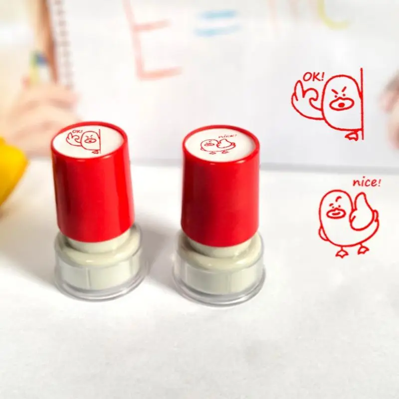 Cute Duck Stamp with Funny Expressions, 'Nice' and 'Ok' Teaching Stamp for Creative Decoration, Round Ink Pad with Ink, Custom Stamp