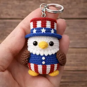 Patriotic Crochet Eagle Keychain, American Bald Eagle Amigurumi, 4th of July Decor, USA 250th Anniversary Gift, Independence Day Plush