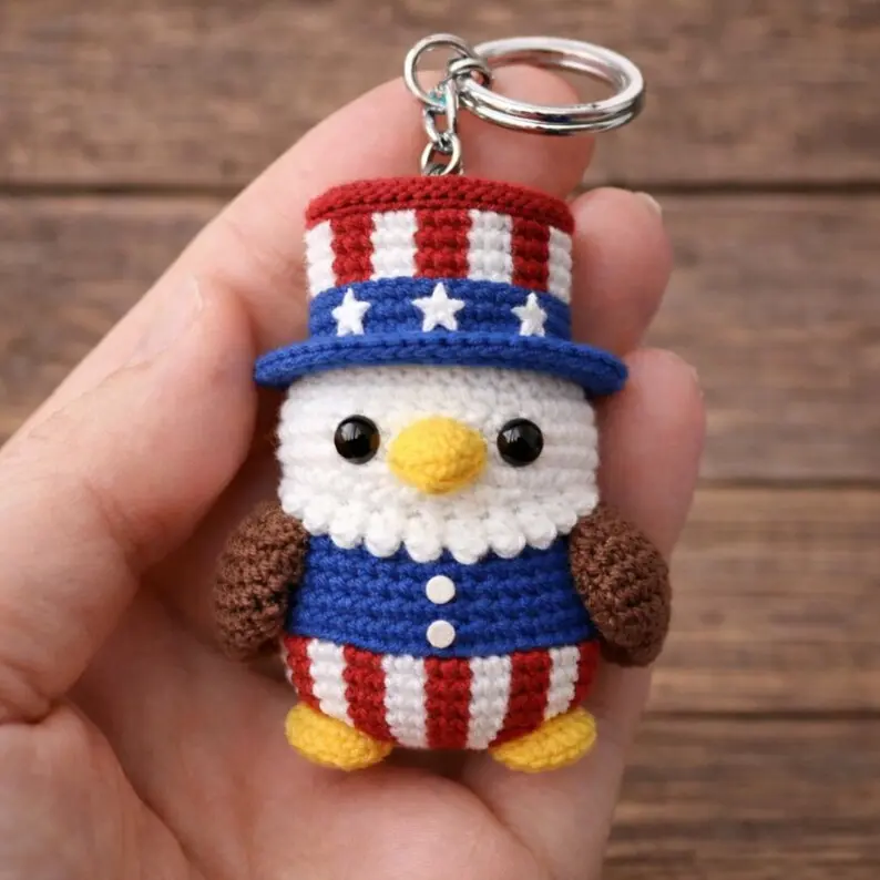 Patriotic Crochet Eagle Keychain, American Bald Eagle Amigurumi, 4th of July Decor, USA 250th Anniversary Gift, Independence Day Plush