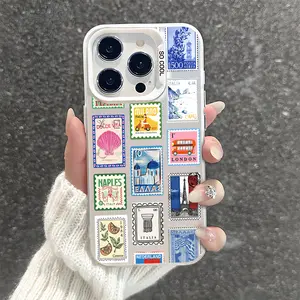 Colorful Retro Stamp Pattern Shockproof Phone Case for iPhone 7 8 X XR 11 12 13 14 15 16 17 Pro Max Plus Air 17e Protecitved Cover Soft Unique Vintage Cute