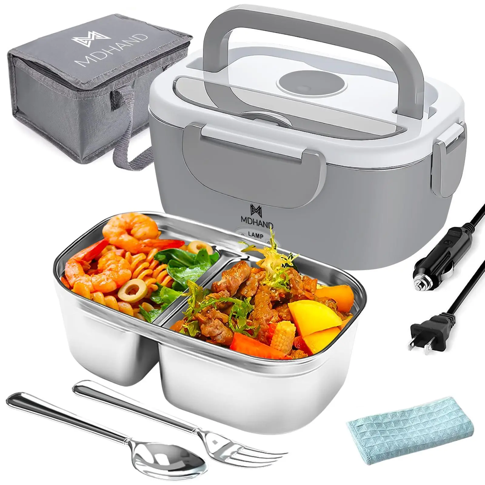 【BackToSchool】【DealsForYou】Electric Lunch Box Food Heater, 65W Faster Heated, Food Warmer 110V/12V/24V Self Heating for Work/Car/Outdoors, Portable Heated Lunch Box for Adult with Lunch Bag Pink/White/Grey