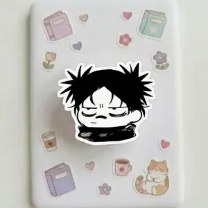 Magnetic Phone Grip JJK Grumpy Anime Boy Kindleholder – Tired Face Chibi Sorcerer Character, Relatable Mood Black Hair Grip, Magneticphonegrips for Students, Funny Bestie Gif