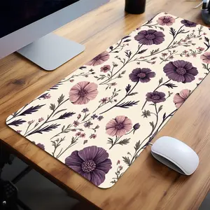 Light Beige Purple Flowers Vintage Botanical Mouse Pads Extra Large Computer Desk Top Mat Mouse Pad for Laptop Mouse Desk Pad Desk Mats with Non - Slip Rubber Base Stitched Edge for Home and Office Office Desk Accessories