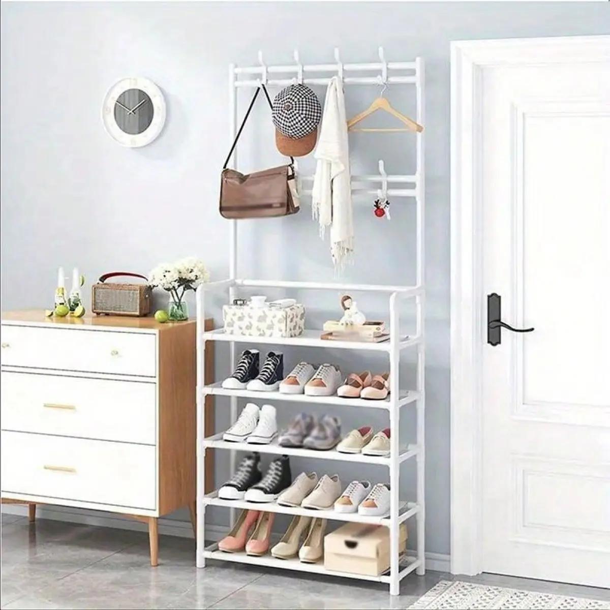 Multiple colors and sizes 5-Tier Coat And Shoe Rack Combo with 8 Hooks, Suitable for Entryways, This Shoe Rack Features a Double-Row Storage Design for Homes, Bedrooms, Offices. It Is a Freestanding Organizer That Can Hold Shoes, Clothes, Hats, And Bags