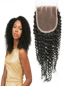Brazilian Kinky Curly Lace Closure 4x4, Three Part Unprocessed Virgin Human Hair, Natural, 8-18 Inch, Party Style