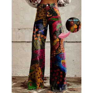 Women'S Rainforest Plants and Flowers Nature Print Thin Casual Denim Wide Legs 3D Fashion Flared Pants, Women'S Autumn Winter Pants Classic Women's Pants