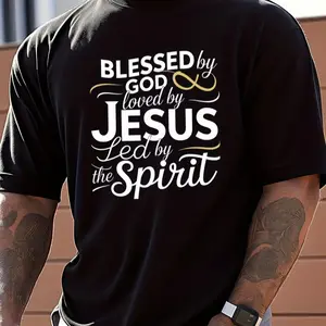 Men's Religious Faith T-Shirt - Blessed by God, Loved by Jesus, LED by the Spirit Inspirational Print, 100% Cotton Loose Fit Casual Short Sleeve Round Neck Tee for Spring Summer Daily & Out