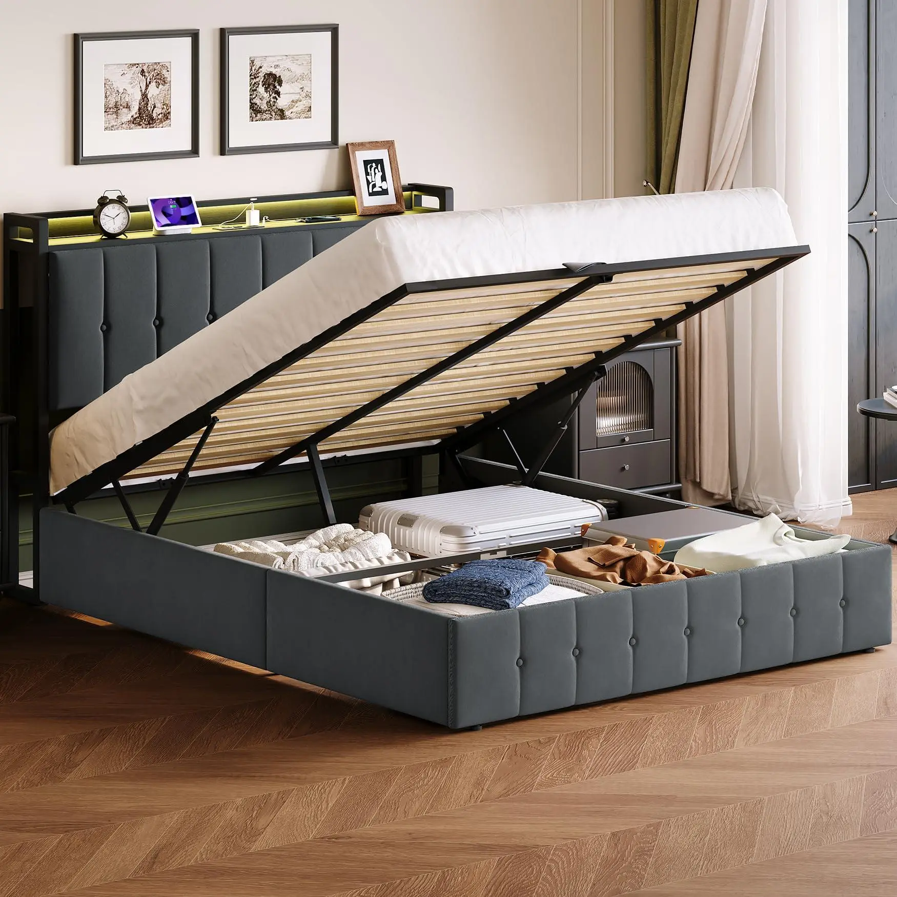 Lift Up Storage Bed Frame Queen Size, Velvet Upholstered Hydraulic Platform Bed Storage Headboard with LED Light & Charging Station, Wooden Slats, No Box Spring Needed, Dark Grey