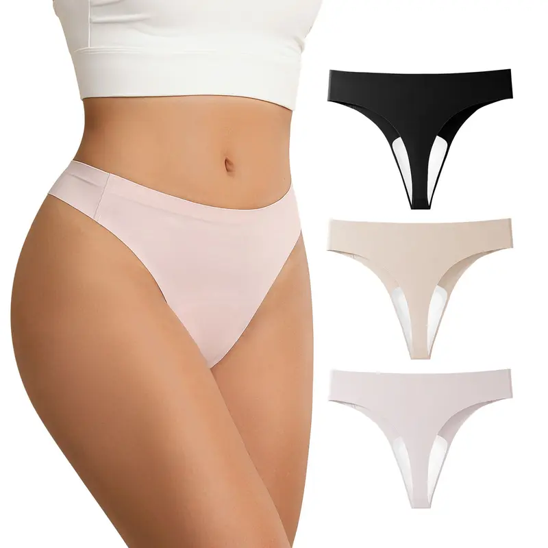 IntiBrefs Women's Seamless Camel Toe Cover Thongs - Nylon Mid-Waist Panties with 3D Woven Padding, Solid Color G-String, Seamless Design, 3pcs Set Black+Beige+Pink Underwear for Women, Birthday Use