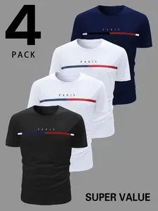 Men's Paris Print T-Shirt Set, Short Sleeve Round Neck, Fashion Classic Streetwear Striped Design, Soft Breathable Quick-Dry Fabric, Casual Daily Wear