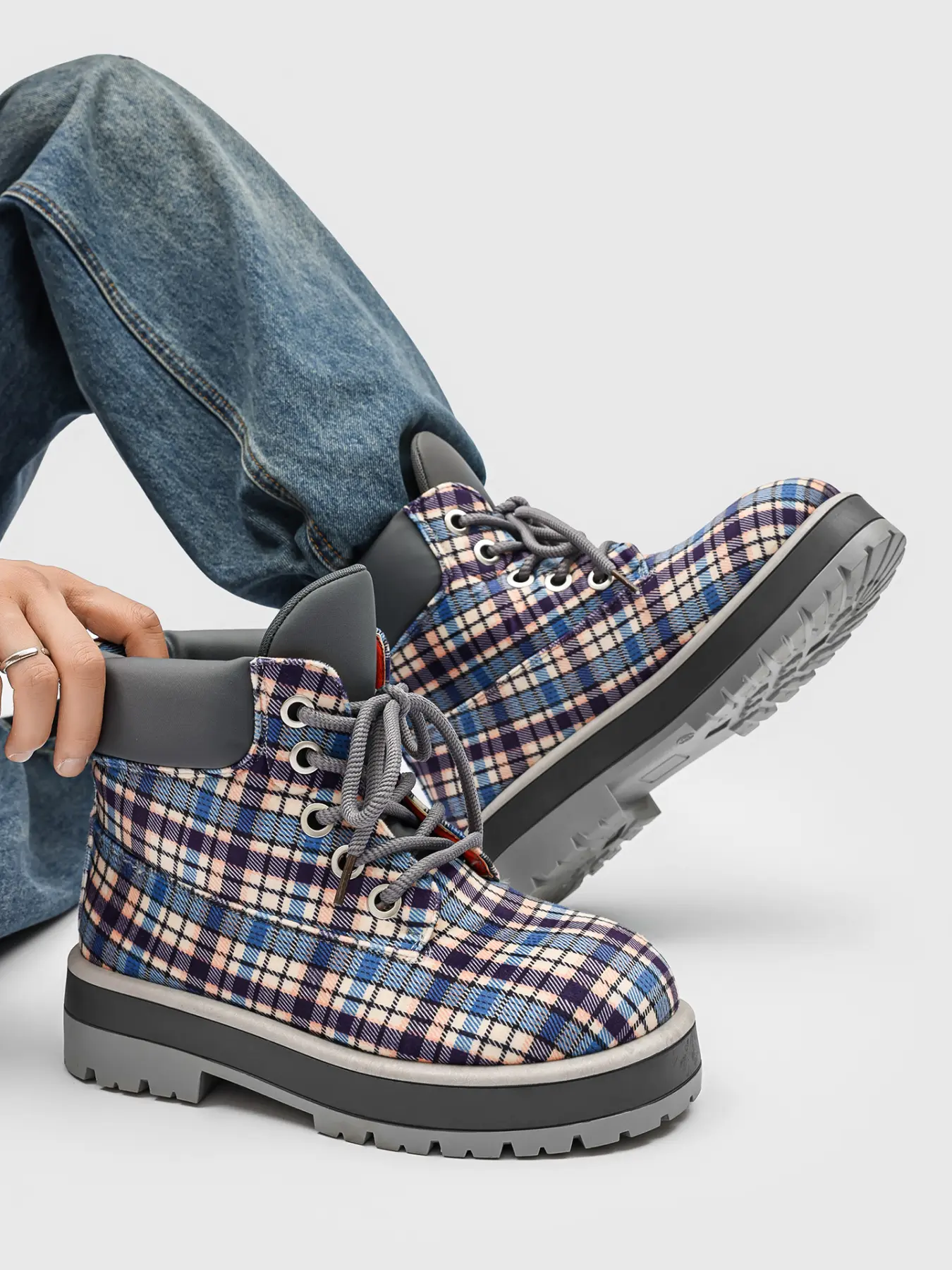 Men's Orange - Brown Plaid High - top Work Boots, Retro Street Style, Plaid Fabric - spliced Material, Retro & Eye - catching, Comfortable on Feet, Ideal for Daily Outfits & Street Outings, Footwear