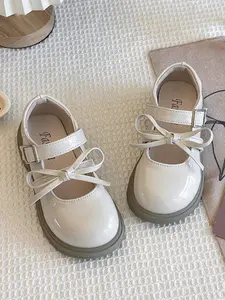 Girls' Patent Leather Mary Jane Shoes with Bow Decor, Thick Sole Comfortable Velcro Closure, Sweet Cool Versatile Footwear