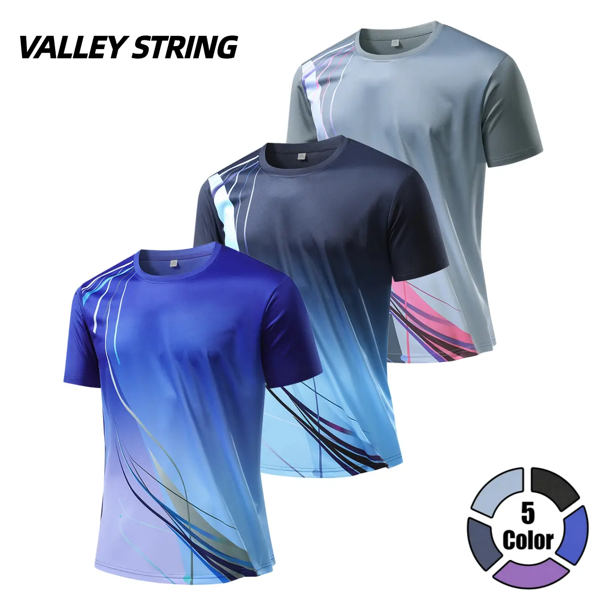 Men’s summer quick-dry short-sleeve sports T-shirt; stylish men’s athletic T-shirt; running/fitness apparel; loose crew-neck top with dynamic wavy gradient lines; suitable for fitness, running, and everyday casual wear.
