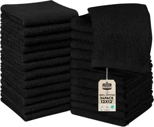 Towels 24 Pack Cotton Washcloths Set, 100% Ring Spun Cotton, Premium Quality Flannel Face Cloths, Highly Absorbent and Soft Feel Fingertip Towels, Black