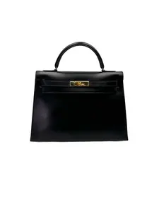 Pre-owned HERMÈS leather Tote Bags Hermes Kelly 32 Black Top Handle Bag Circle Q Stamp YEAR 1987 HR110 1
