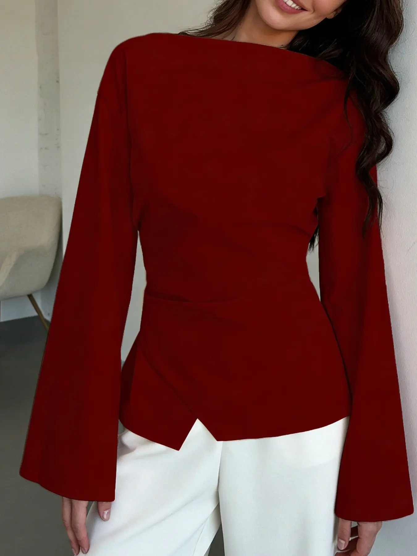 A women's light and mature style waist cinched shirt Blouse with a fashionable one collar design and flared sleeves for slimming and versatile commuting. Suitable for spring and autumn, home, indoor, and outdoor wear