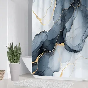 Blue Marble Pattern Bathroom Set, Includes Shower Curtain and Rug, Non-Slip Bath Mat, U-Shaped Toilet Lid Cover, Casual Style, Bathroom Decoration Accessories, Shower Curtain Sets