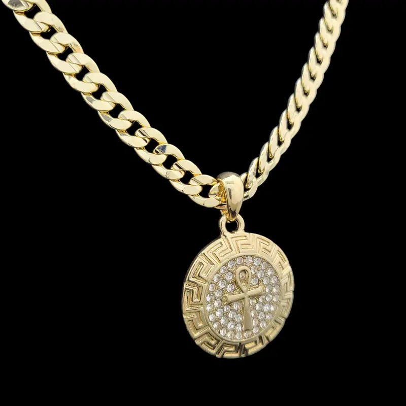 MaxBling81 Unisex Brass Coated Egyptian Ankh Cross CZ Medal Pendant with 14K Stamped 6mm Cuban Link Chain, Gold Statement Chain (1.5" Statement, 20in, 24in Options) - Elegant Adult Hip Hop Daily Wear Celebrity-Inspired Accessory