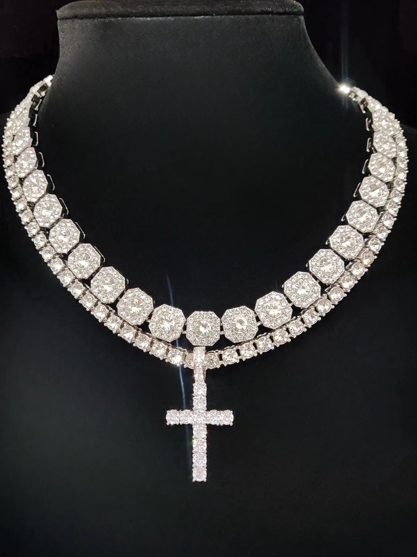 Artificial Zirconia Cross Pendant & Chain Necklace, Punk Jewelry for Party, Daily Decor for Boy, Trendy Exquisite Hip Hop Jewelry for Birthday Gift